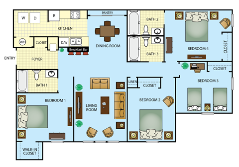 a floor plan of a home with bedrooms and a large living room